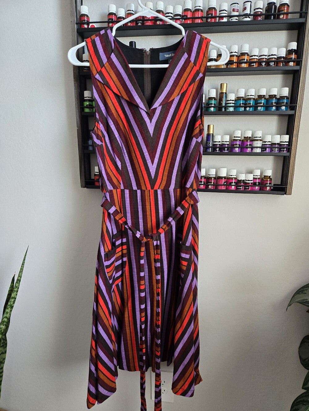 ModCloth Sleeveless Striped V-Neck Midi Dress in Purple & Red Size Medium